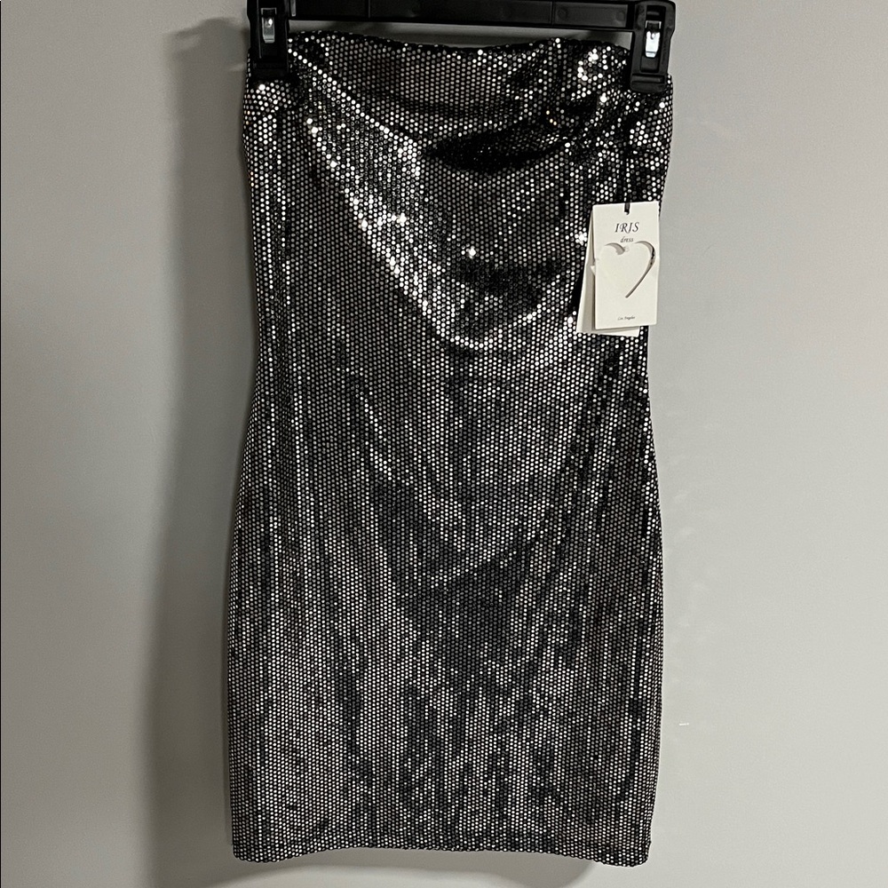 Iris Silver Sequin Body Mini strapless  Dress